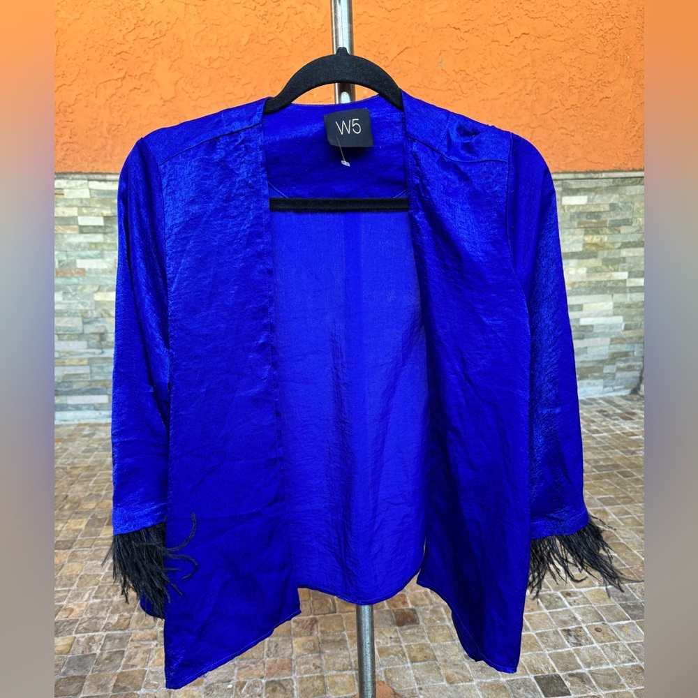 W5 Royal Blue Open Front Jacket with Black Feathers